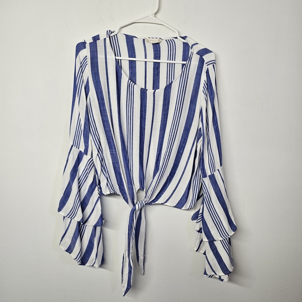 Altar'd State Womens Medium Blue and White Stripe Crop Top Tie Front Bell Sleeve
